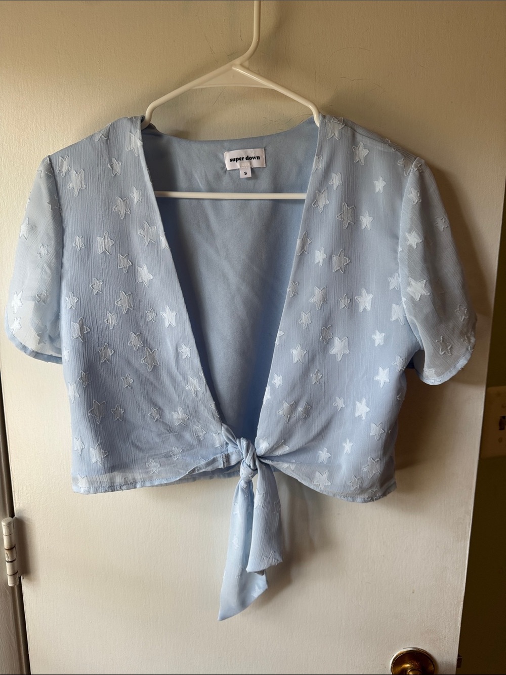 superdown Light Blue Star Tie-Front Sheer Crop Top